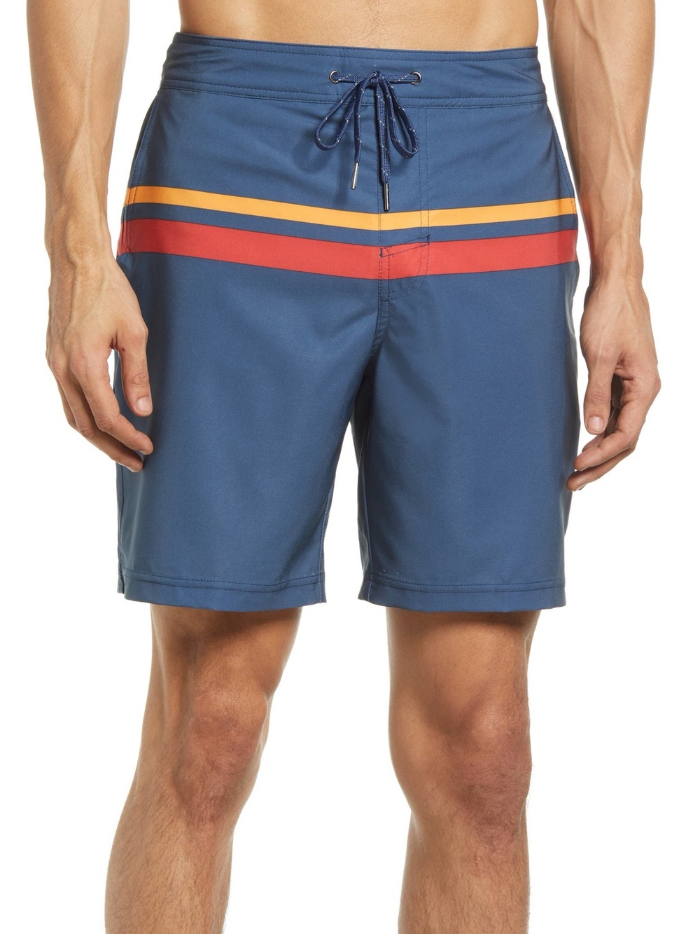 Fair Harbor Blue Boardshorts with Red and Yellow Stripes